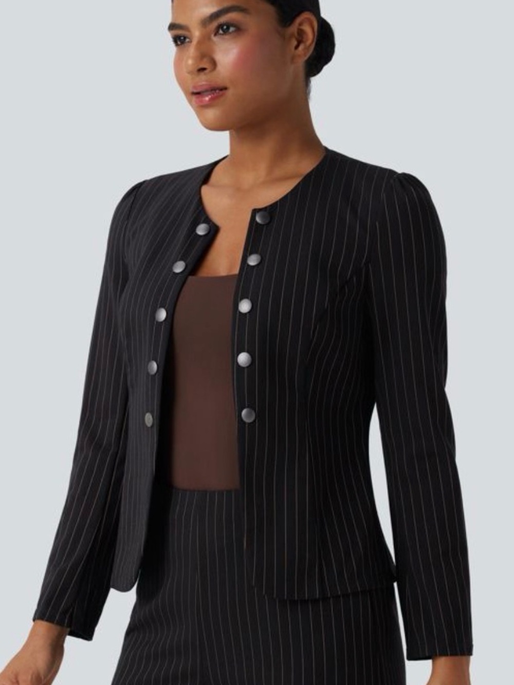 HALARA Black / Brown Pinstripe Double-Breasted Crewneck Blazer Size L